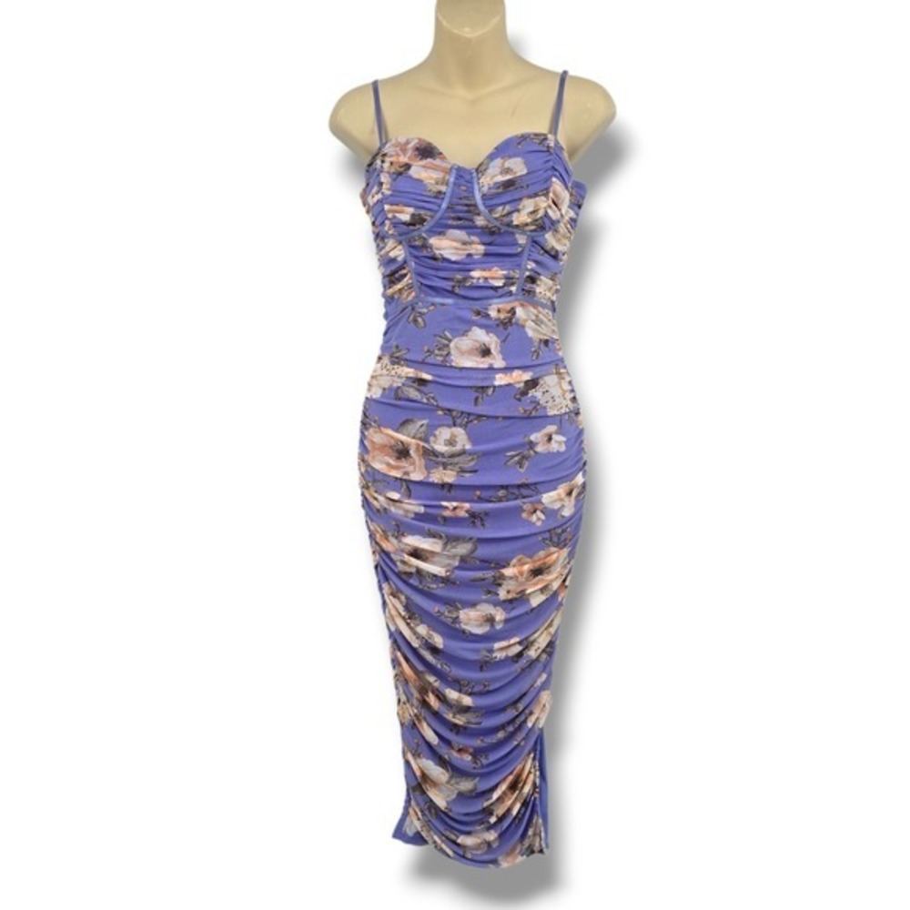 Privy Purple Floral Mesh‎ Ruched Bustier Bodycon Midi Dress Womens Size Medium